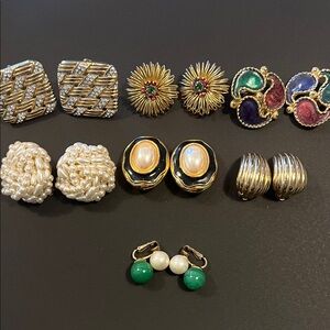 Lot of Gold, Pearl, enamel, rhinestone gold toned Earrings- clip on